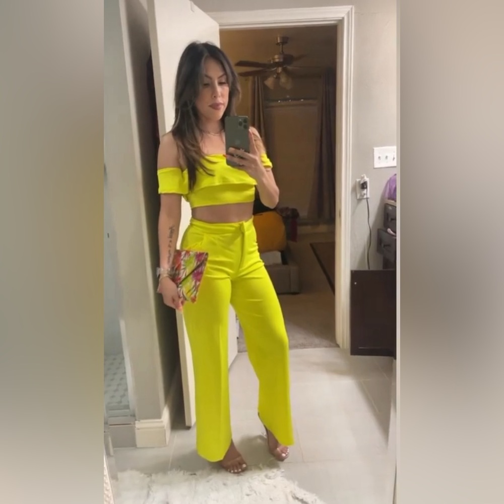 2 piece neon yellow outfit